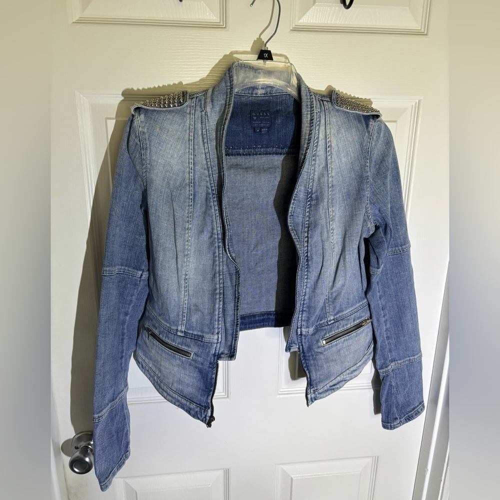 Guess Light Blue Denim Studded Jean Rocker Chick Biker Jacket, Women’s M